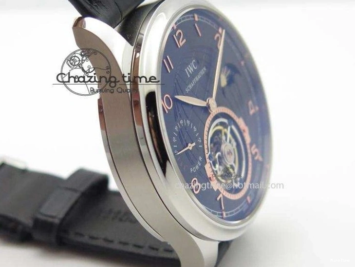 MIROTIME 0204 Portuguese Tourbillon Power Reserve Moonphase SS Black Dial Gold Numbers On Black Leather Strap RelaxedFit 7320